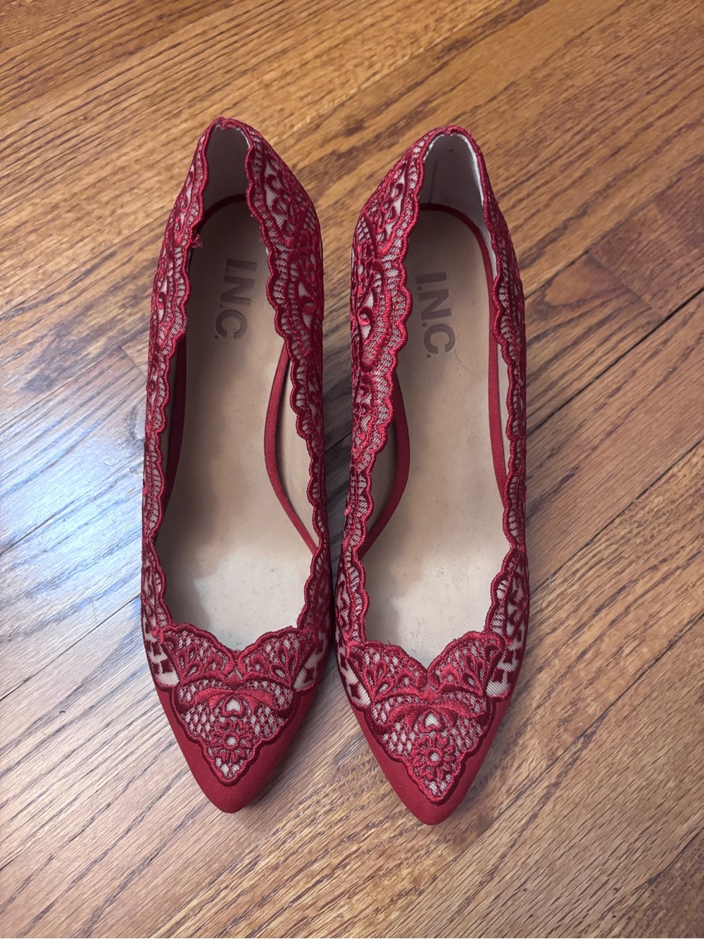 INC Red Lace Pointed Flats with Scalloped Edge